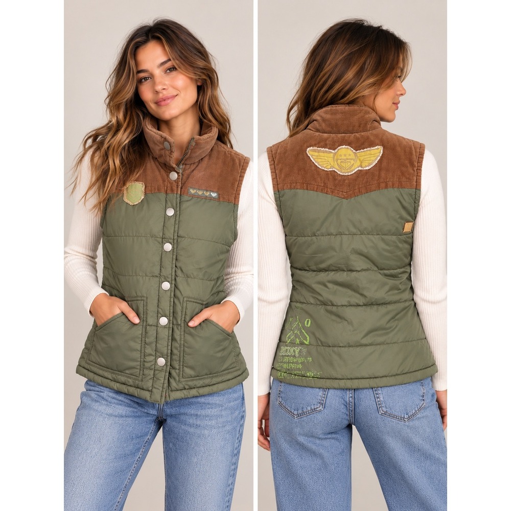 Vtg Roxy Y2K Puffer Vest Womens Large Mixed Media Corduroy Patchwork Olive Green
